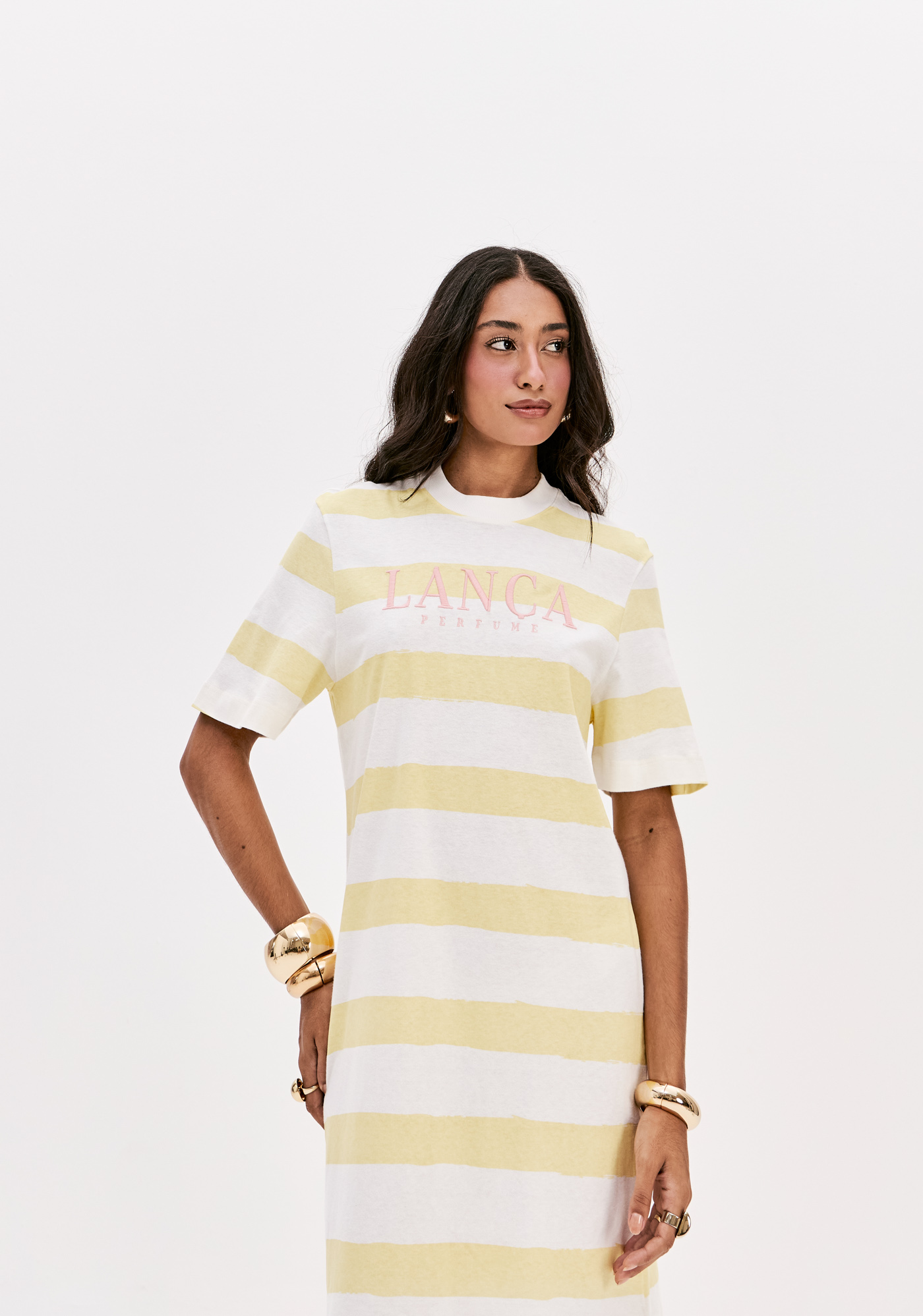 Vestido T-shirt Riscas Amarelo - Lança Perfume  1