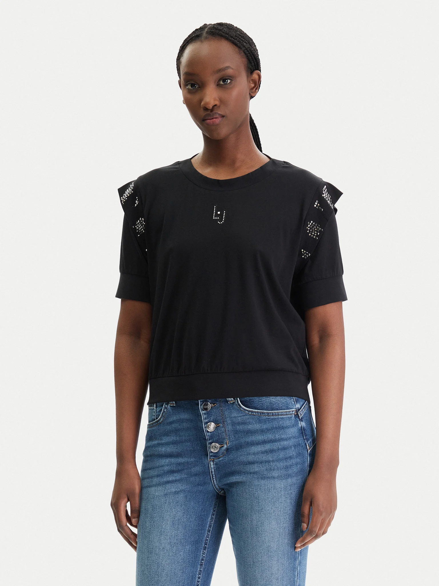 T-shirt com Ombreiras e Strass Preto - LIU JO  1