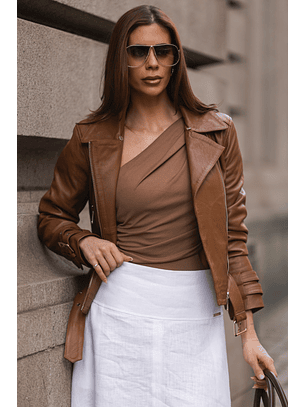 Casaco em Pele com Cinto Castanho - SAHOCO 