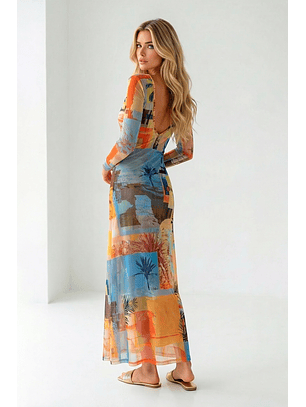 Vestido Comprido com Manga Estampado Patch - SAHOCO