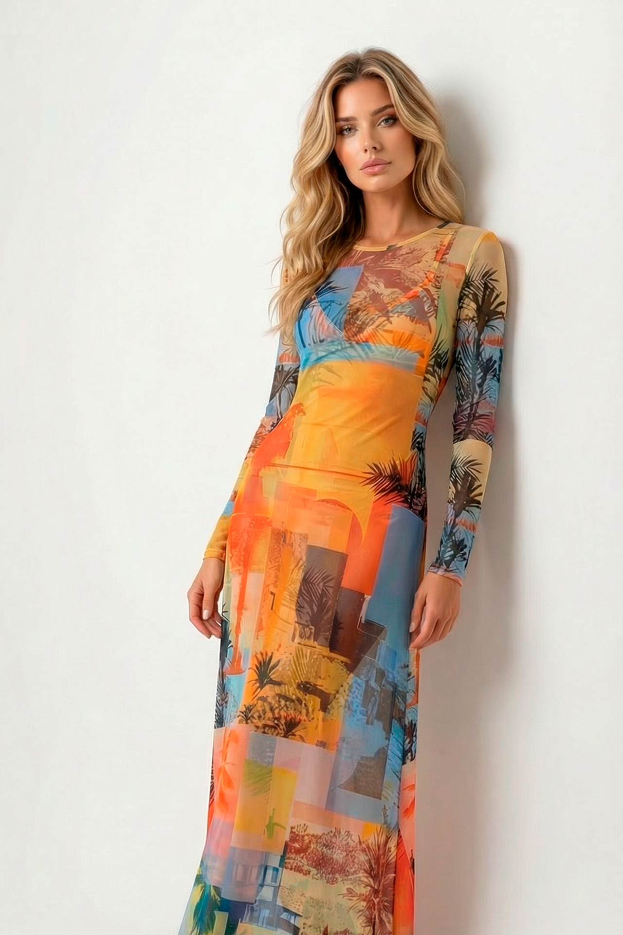 Vestido Comprido com Manga Estampado Patch - SAHOCO 1