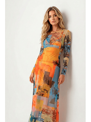 Vestido Comprido com Manga Estampado Patch - SAHOCO