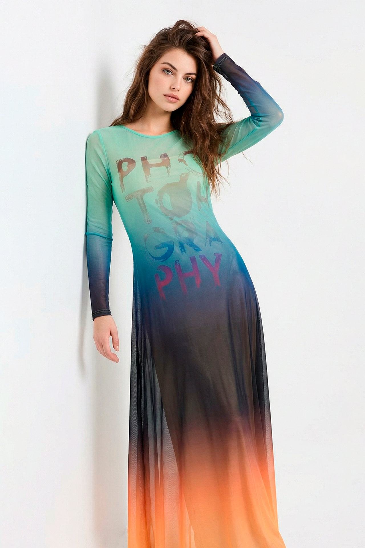 Vestido Comprido com Manga Estampado Verde - SAHOCO 1