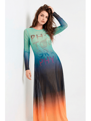 Vestido Comprido com Manga Estampado Verde - SAHOCO