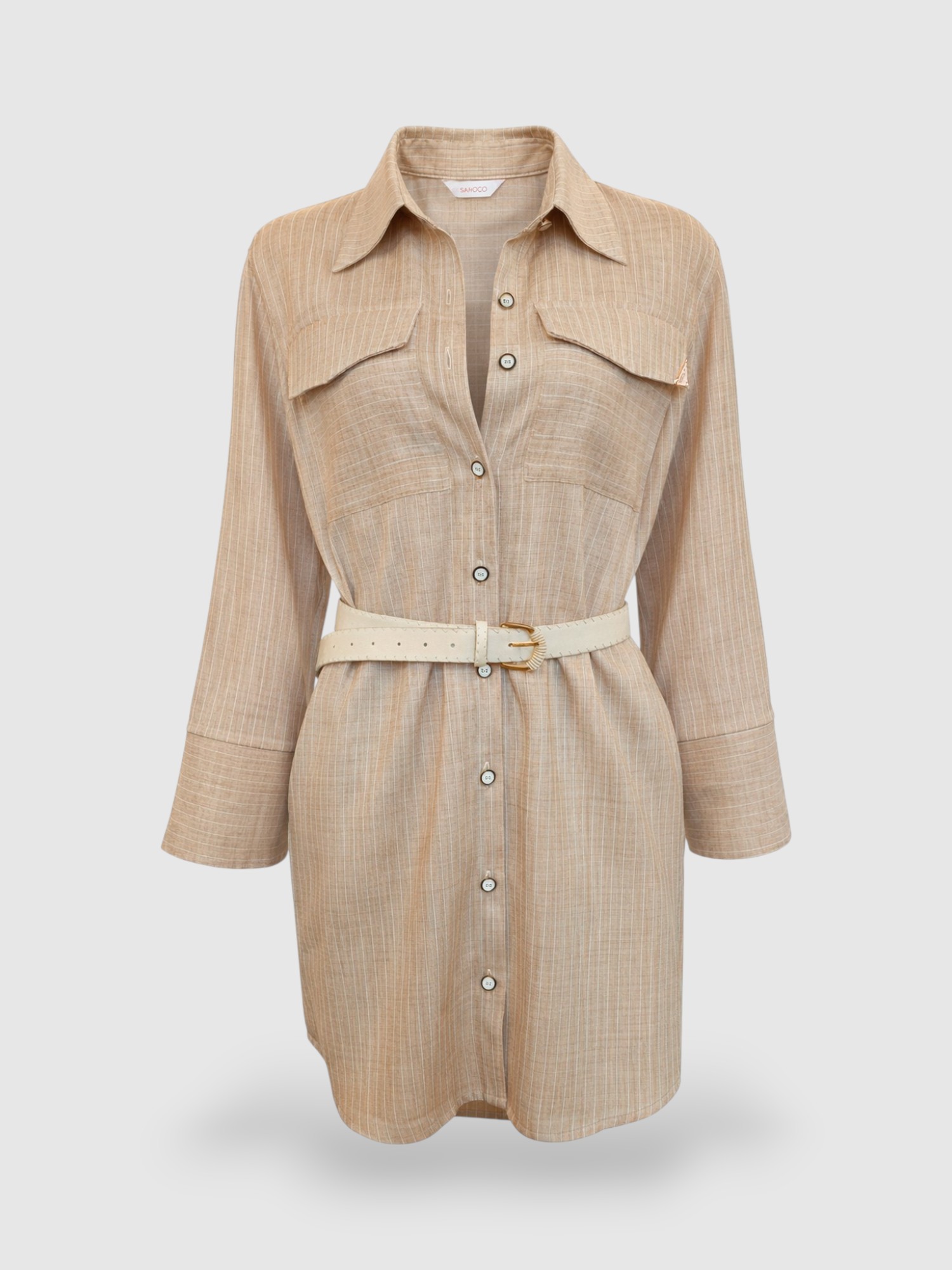  Vestido Camiseiro Bege com Riscas - SAHOCO  2