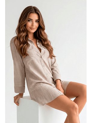  Vestido Camiseiro Bege com Riscas - SAHOCO 