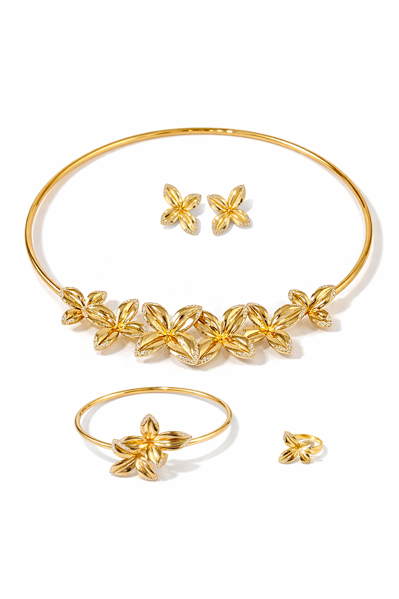 Conjunto Flores Colar + Brincos + Pulseira + Anel Dourado - SAHOCO  1