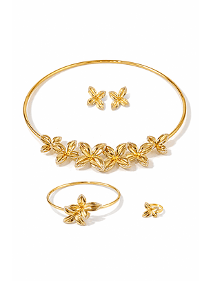Conjunto Flores Colar + Brincos + Pulseira + Anel Dourado - SAHOCO 