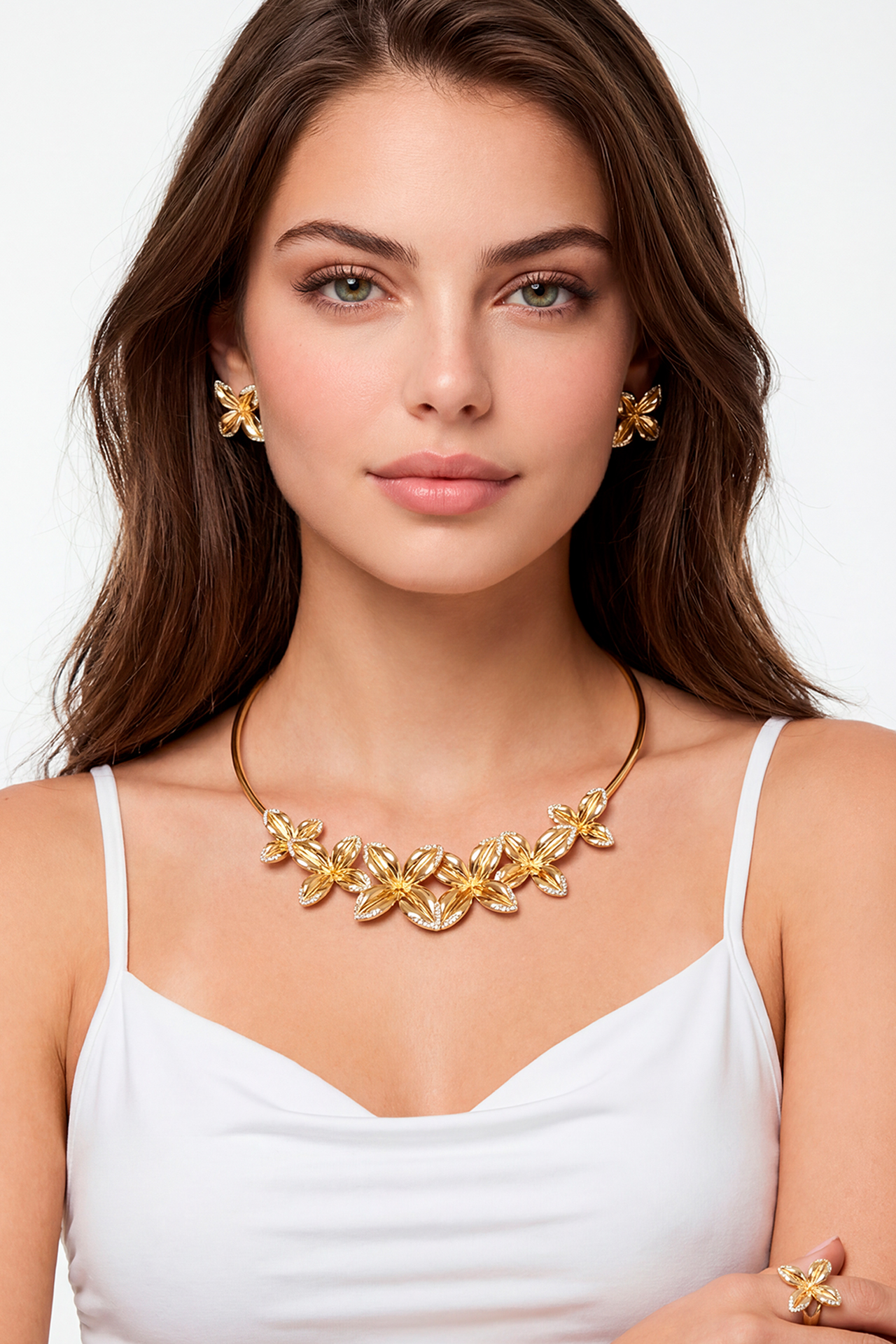 Conjunto Flores Colar + Brincos + Pulseira + Anel Dourado - SAHOCO  2