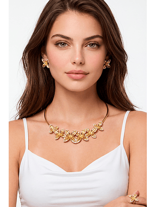 Conjunto Flores Colar + Brincos + Pulseira + Anel Dourado - SAHOCO 