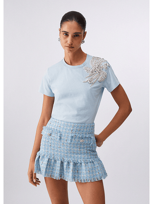 T-shirt com Aplicação em Strass Azul Claro - LIU JO 