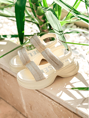 Sandália LEA Plataforma em Strass Bege - Russel Matos