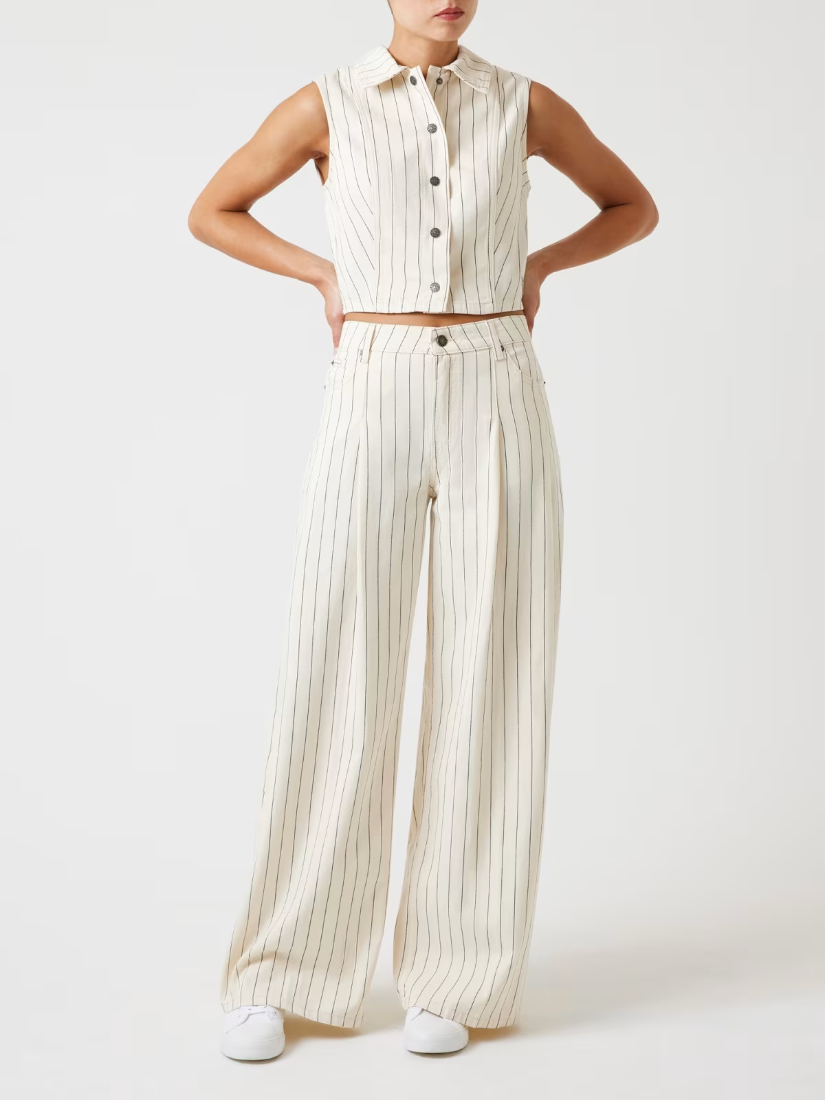 Calças Extra Wide Riscas Bege - Guess Jeans 3