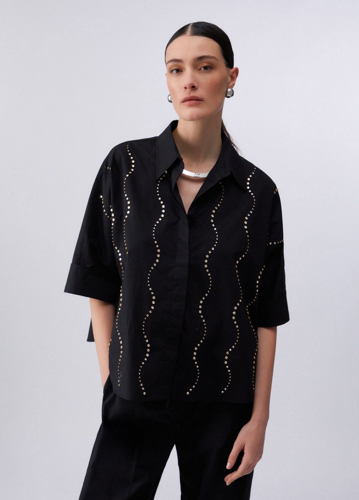 Camisa Manga Curta com Brilhos Preto - Liu Jo  1