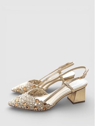 Sapato Salto Block Pedras Dourado - Menbur