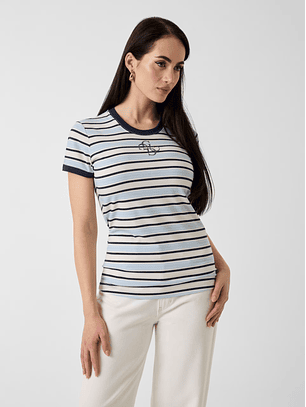 T-shirt Riscas Largas Azul e Branco - Guess