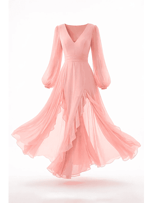 Vestido Comprido e folhos Rosa - SAHOCO