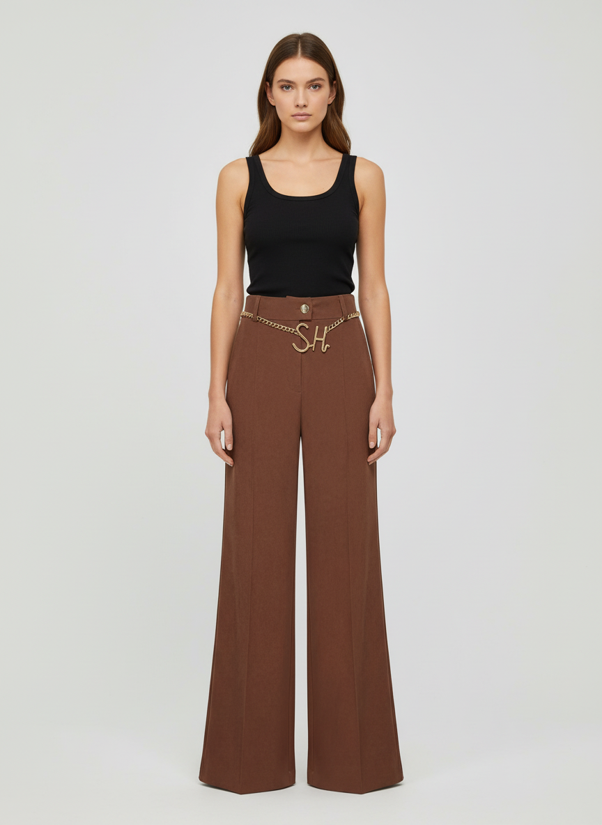 Calças Wide Leg com Pregas Castanho - SAHOCO  2