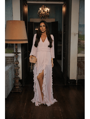 Vestido Comprido e folhos Rosa - SAHOCO