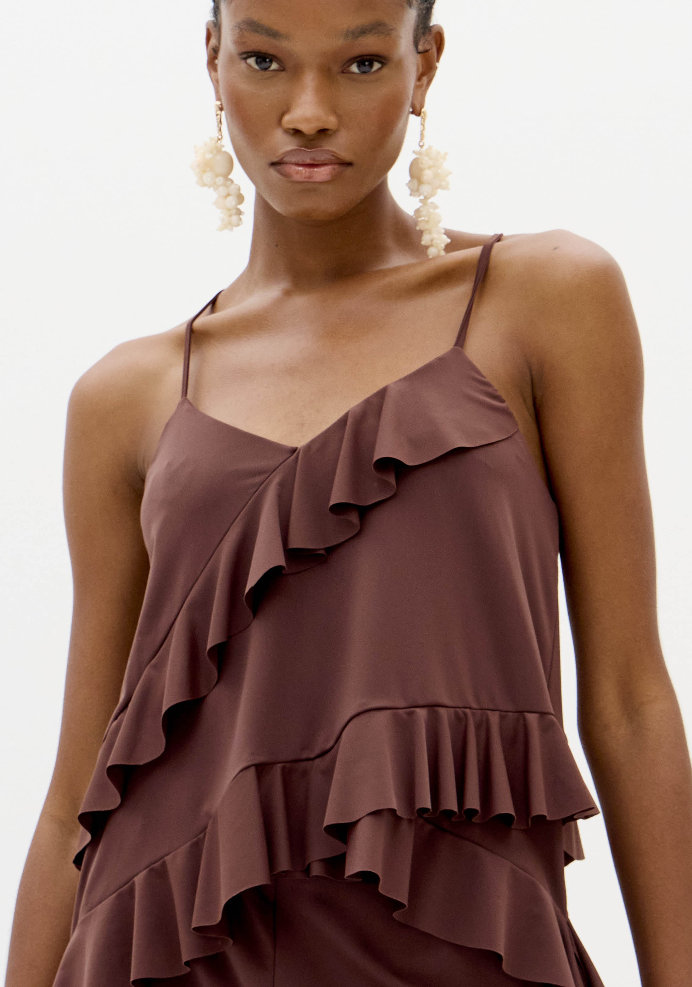 Top com Folhos Malha Fria Castanho - Lança Perfume 4