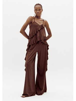 Top com Folhos Malha Fria Castanho - Lança Perfume