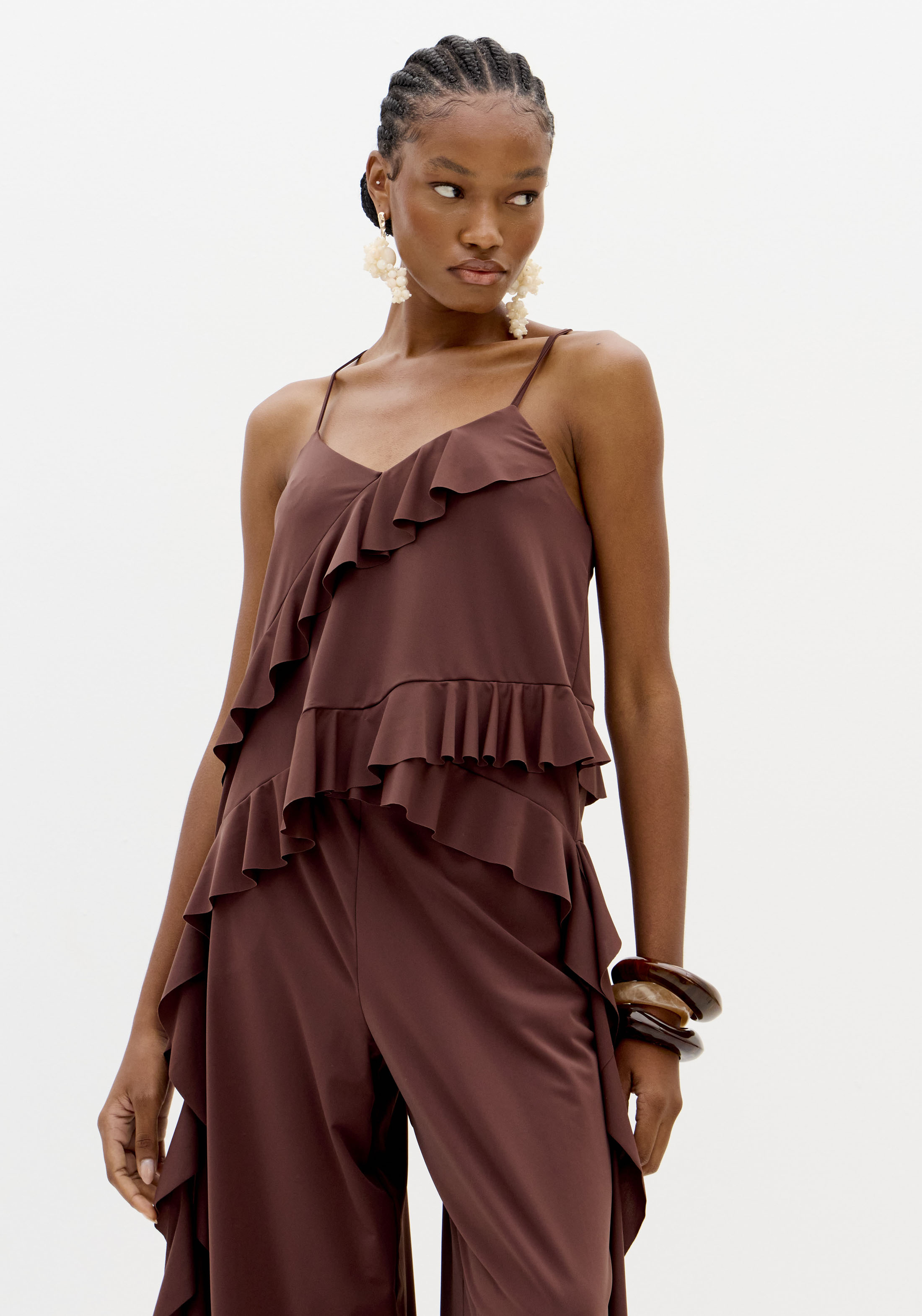 Top com Folhos Malha Fria Castanho - Lança Perfume 1