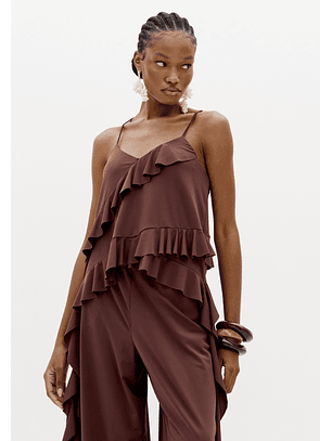 Top com Folhos Malha Fria Castanho - Lança Perfume