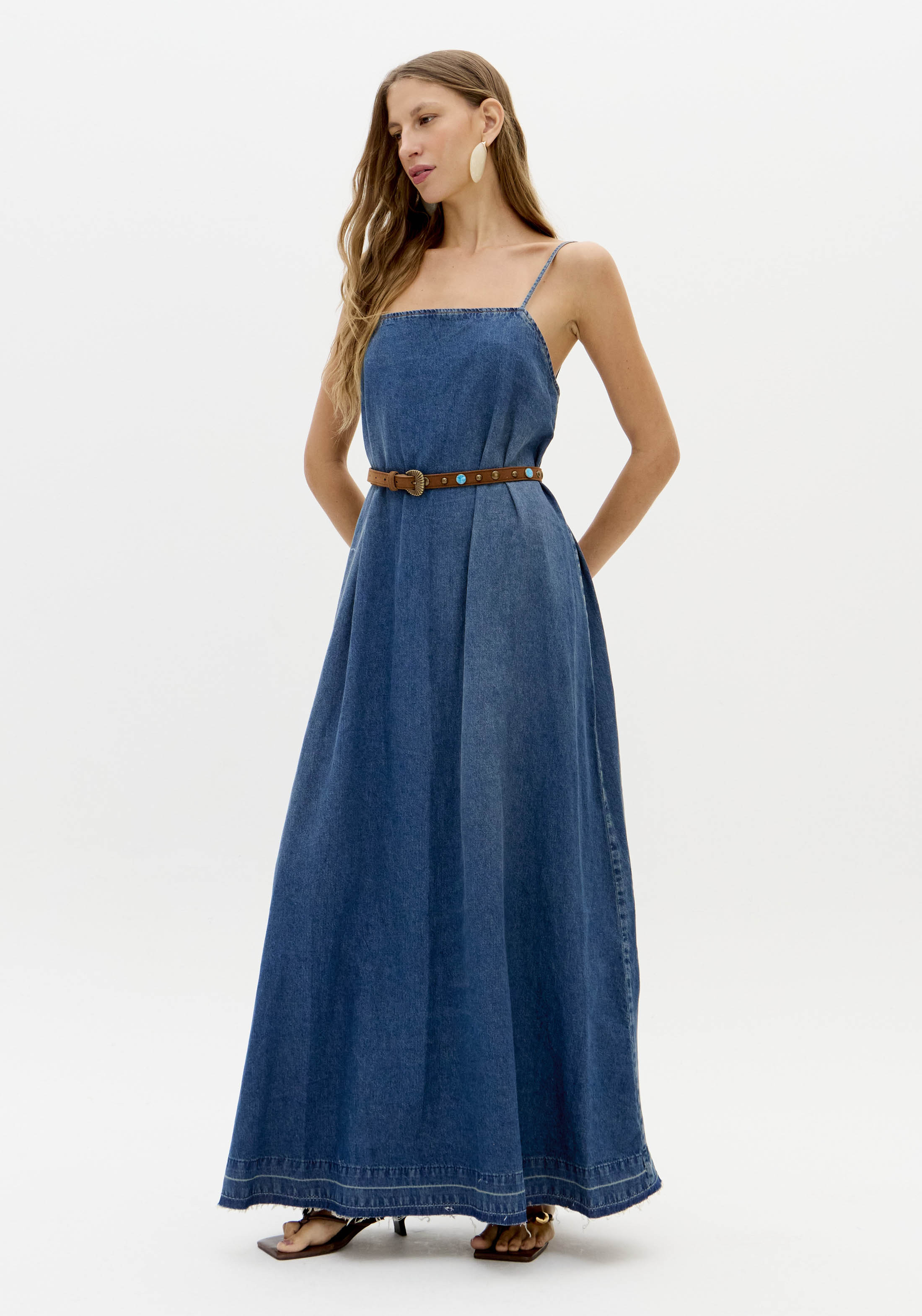 Vestido Comprido com Cinto em Ganga - Lança Perfume  1