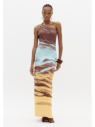 Vestido Justo ARBLE Castanho e Turquesa - Lança Perfume 