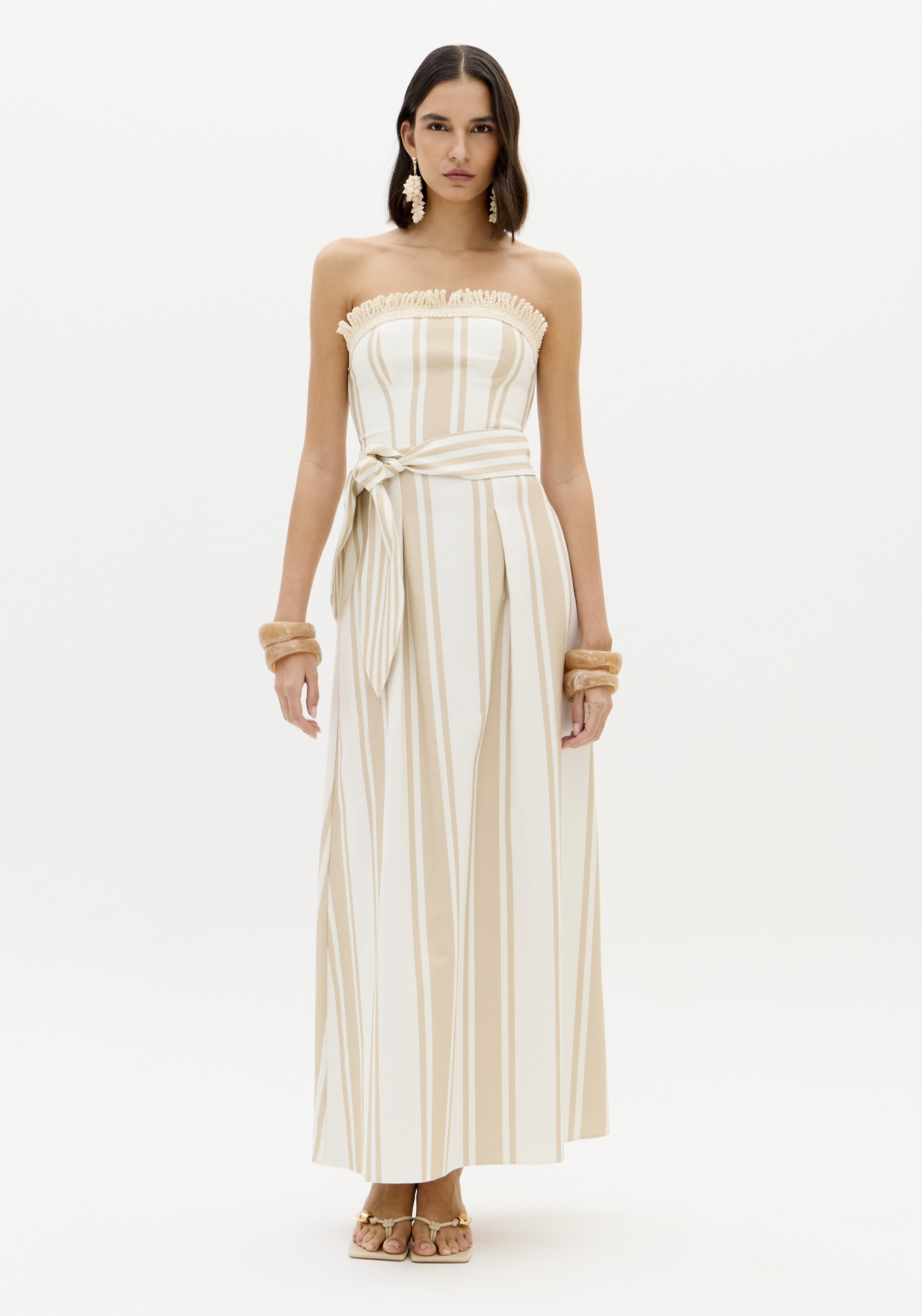 Vestido Comrpido Riscas Bege e Branco - Lança Perfume  1