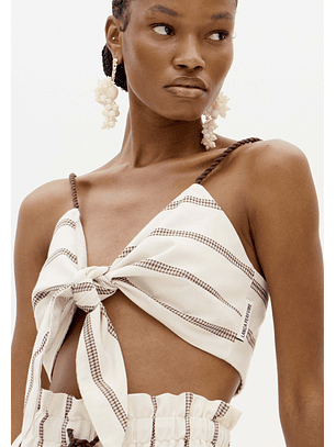 Top com Laçada Reversível Bege Risca Castanho - Lança Perfume 