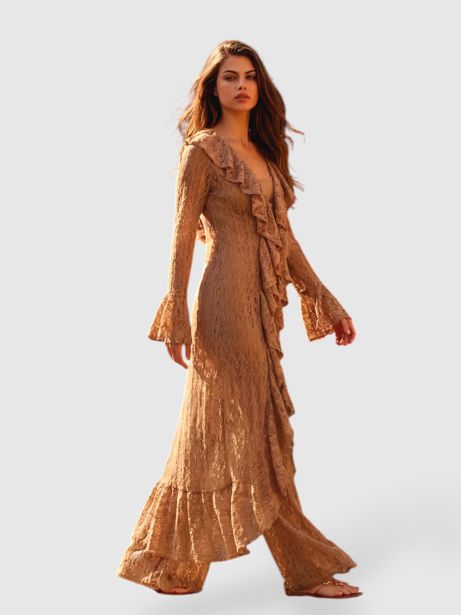 Casaco Comprido em Renda Bege - SAHOCO  1