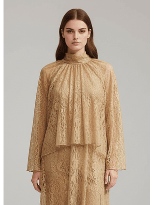 Blusa em Renda Comprida Bege - SAHOCO