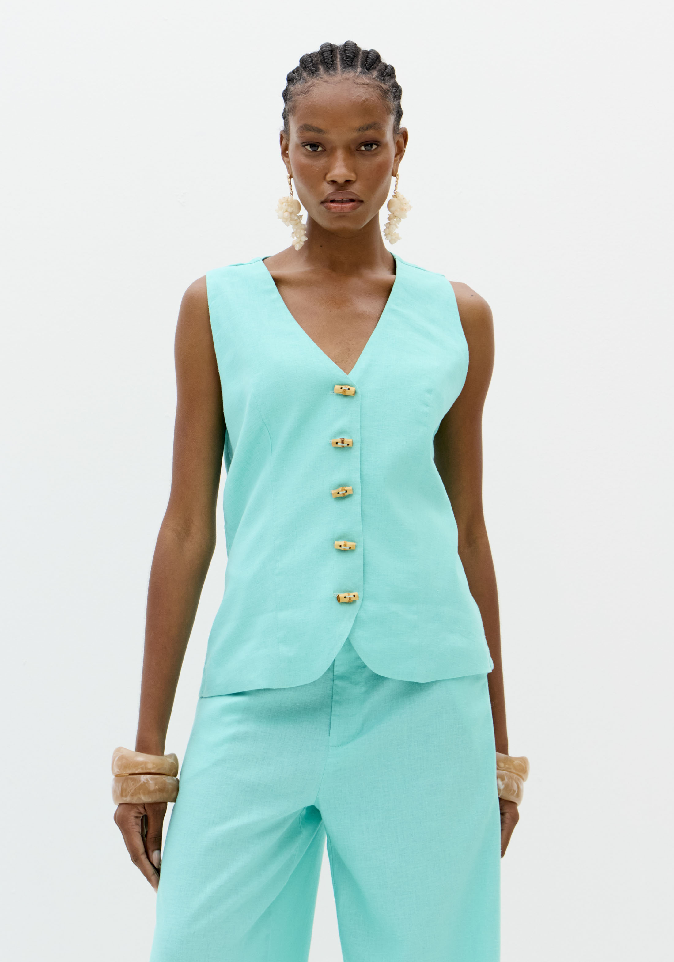 Calças Largas em Linho Turquesa - Lança Perfume 3