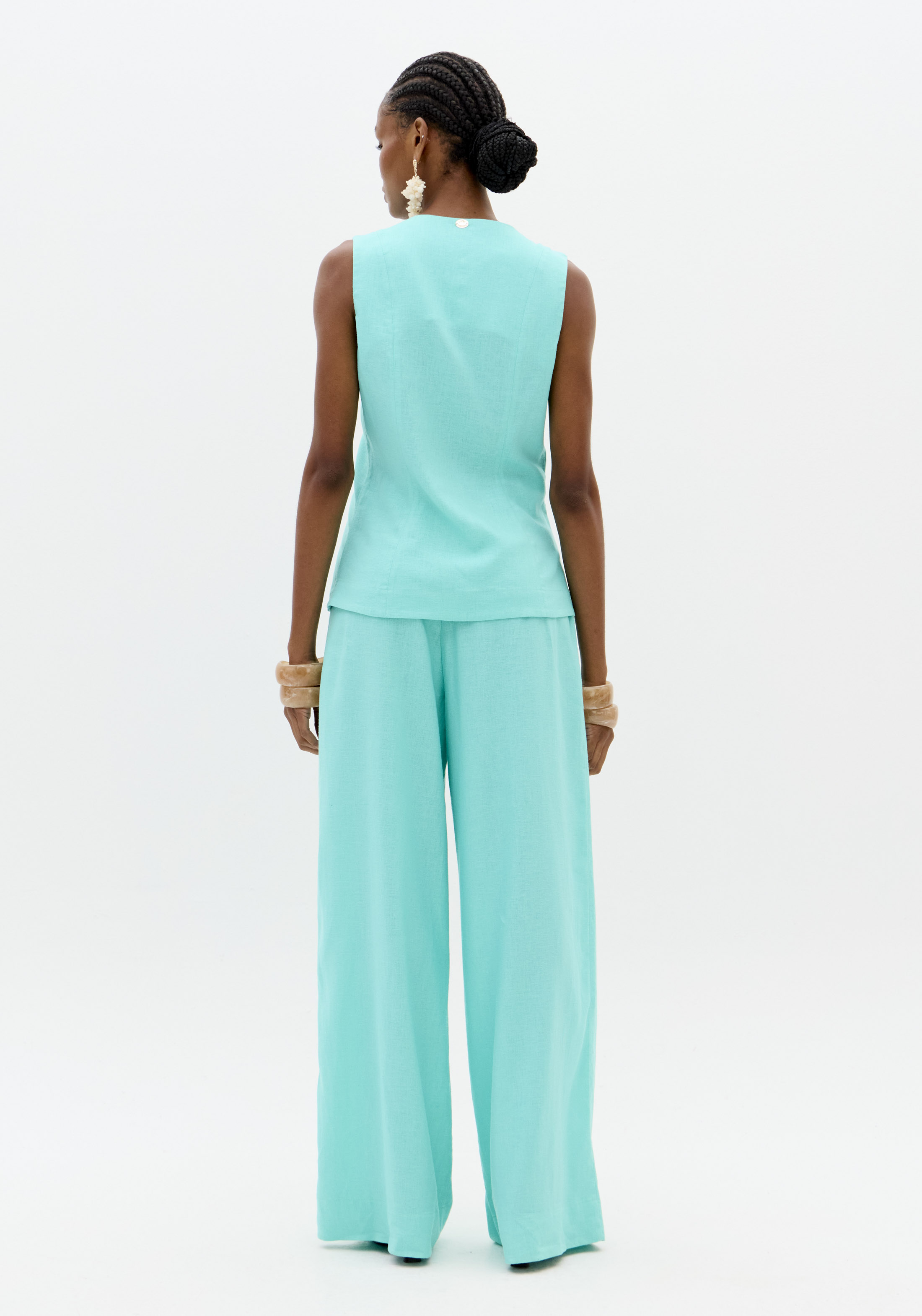 Calças Largas em Linho Turquesa - Lança Perfume 4