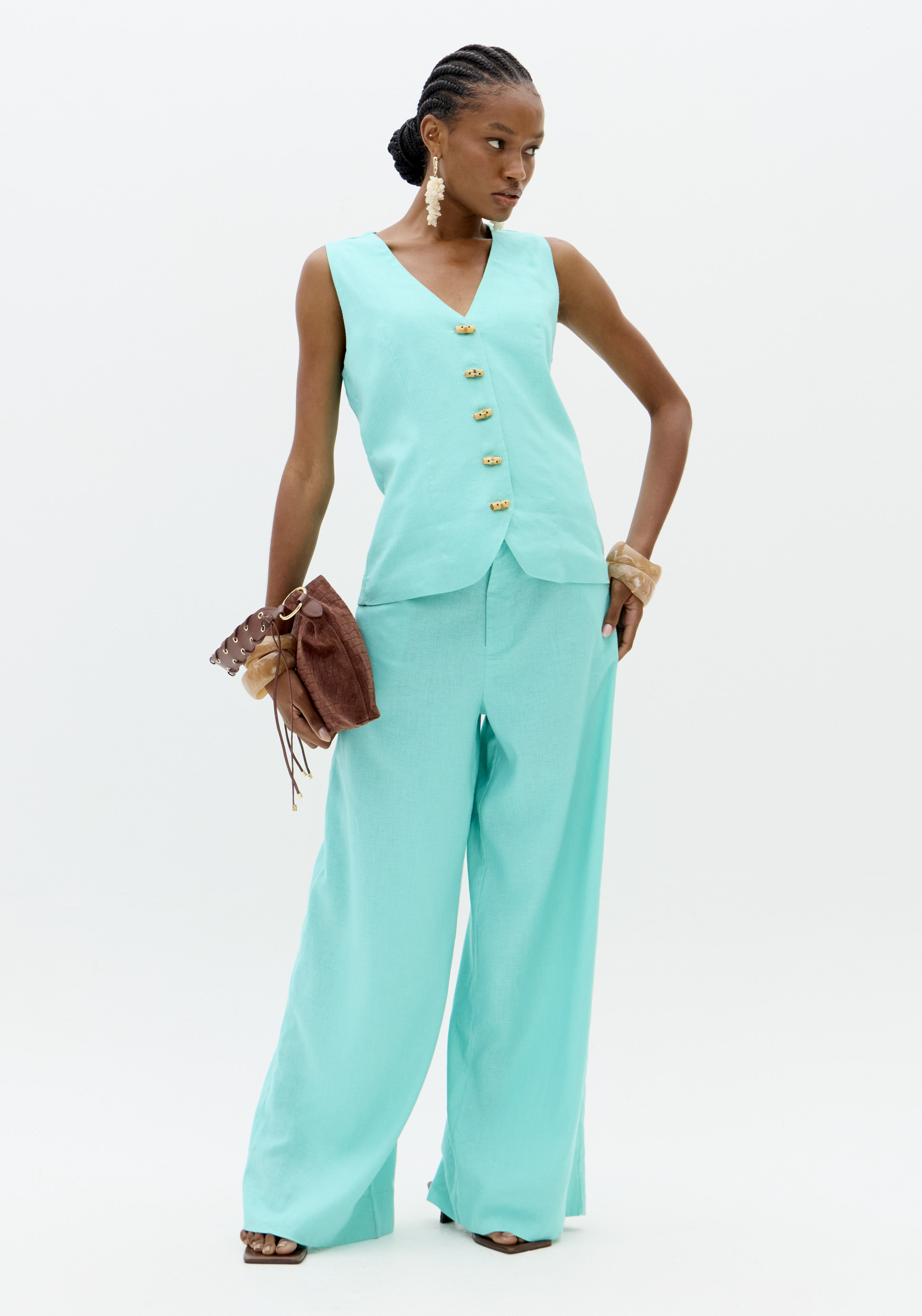 Calças Largas em Linho Turquesa - Lança Perfume 5