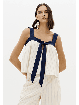 Top de Alças Bege e Risca Azul - Lança Perfume