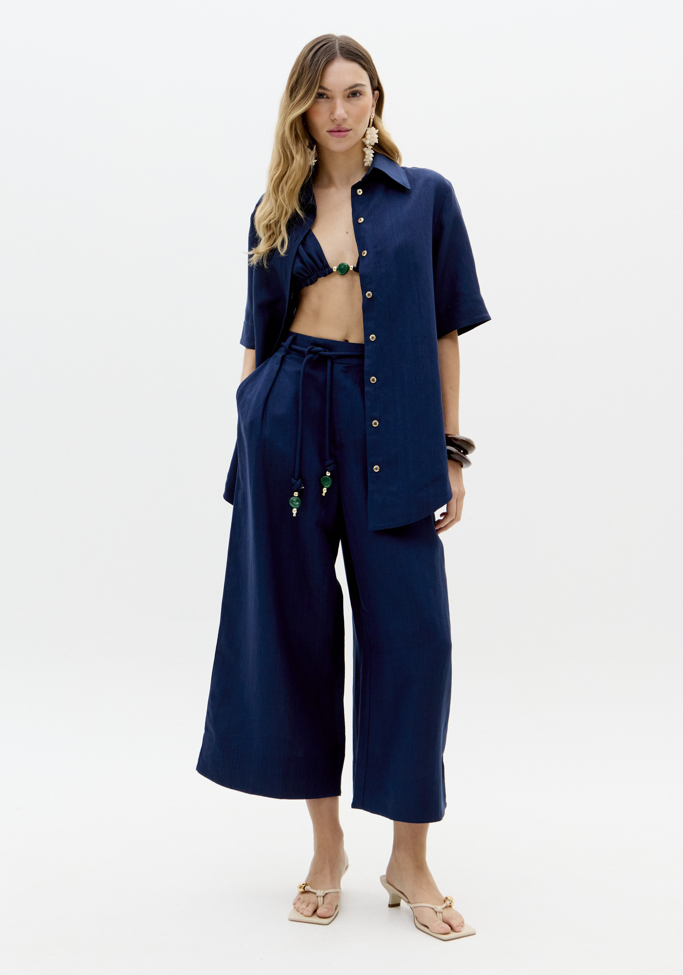 Calças em Linho Azul Escuro - Lança Perfume  3