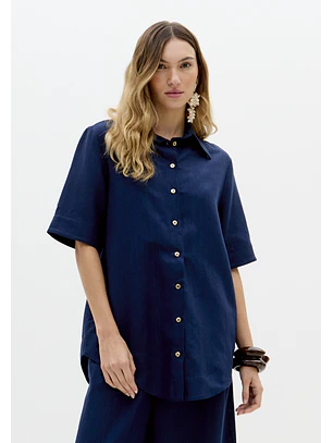 Camisa em Linho Azul Escuro - Lança Perfume