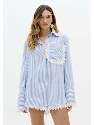 Camisa com Renda Azul e Branco - Lança Perfume