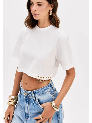 T-shirt com Pendentes LP Dourado Branco - Lança Perfume