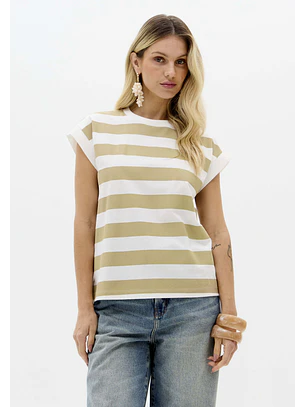 T-shirt com Riscas Bege e Branco - Lança Perfume 