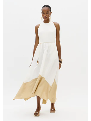 Vestido Comprido Branco e Bege - Lança Perfume