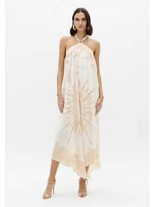 Vestido Comprido Sol Bege e Branco - Lança Perfume