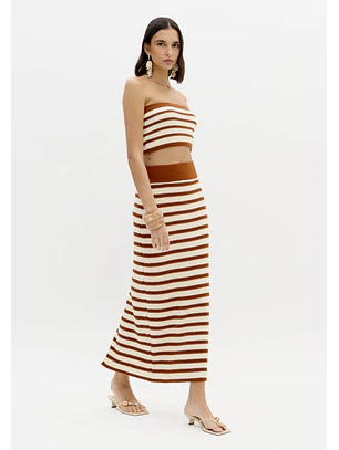 Saia Comprida em Tricô Camel e Bege - Lança Perfume