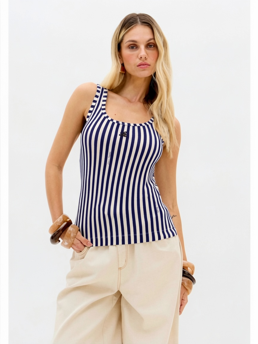 Top de Cavas Riscas Bege e Azul - Lança Perfume  1