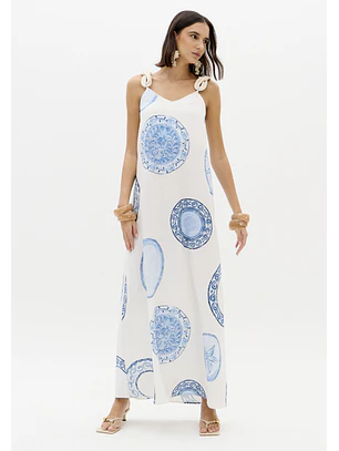 Vestido Comprido BLUE BREEZE Branco e Azul - Lança Perfume