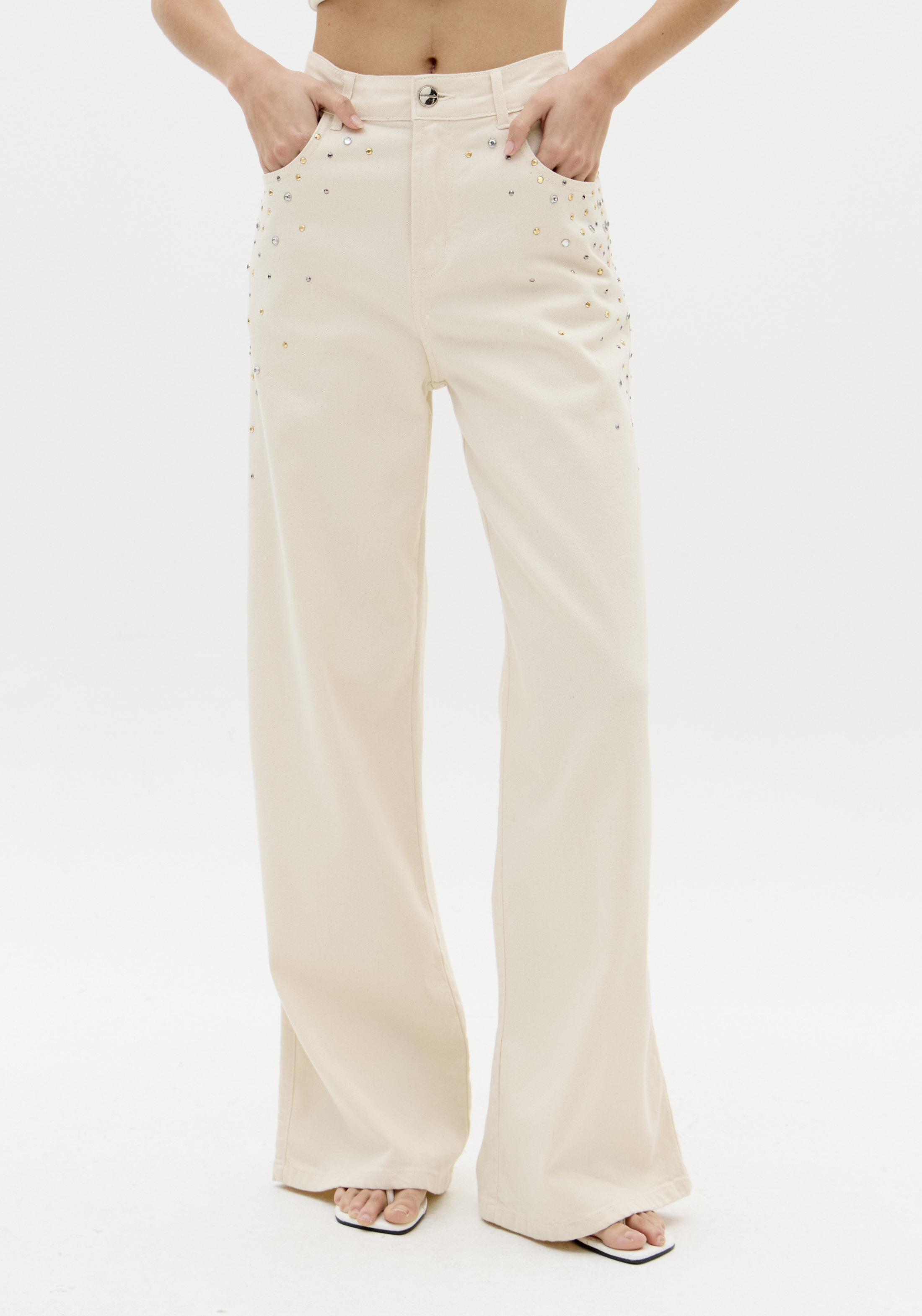 Calças Wide Leg com Strass Bege -  Lança Perfume  1