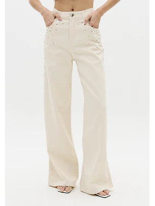 Calças Wide Leg com Strass Bege -  Lança Perfume 