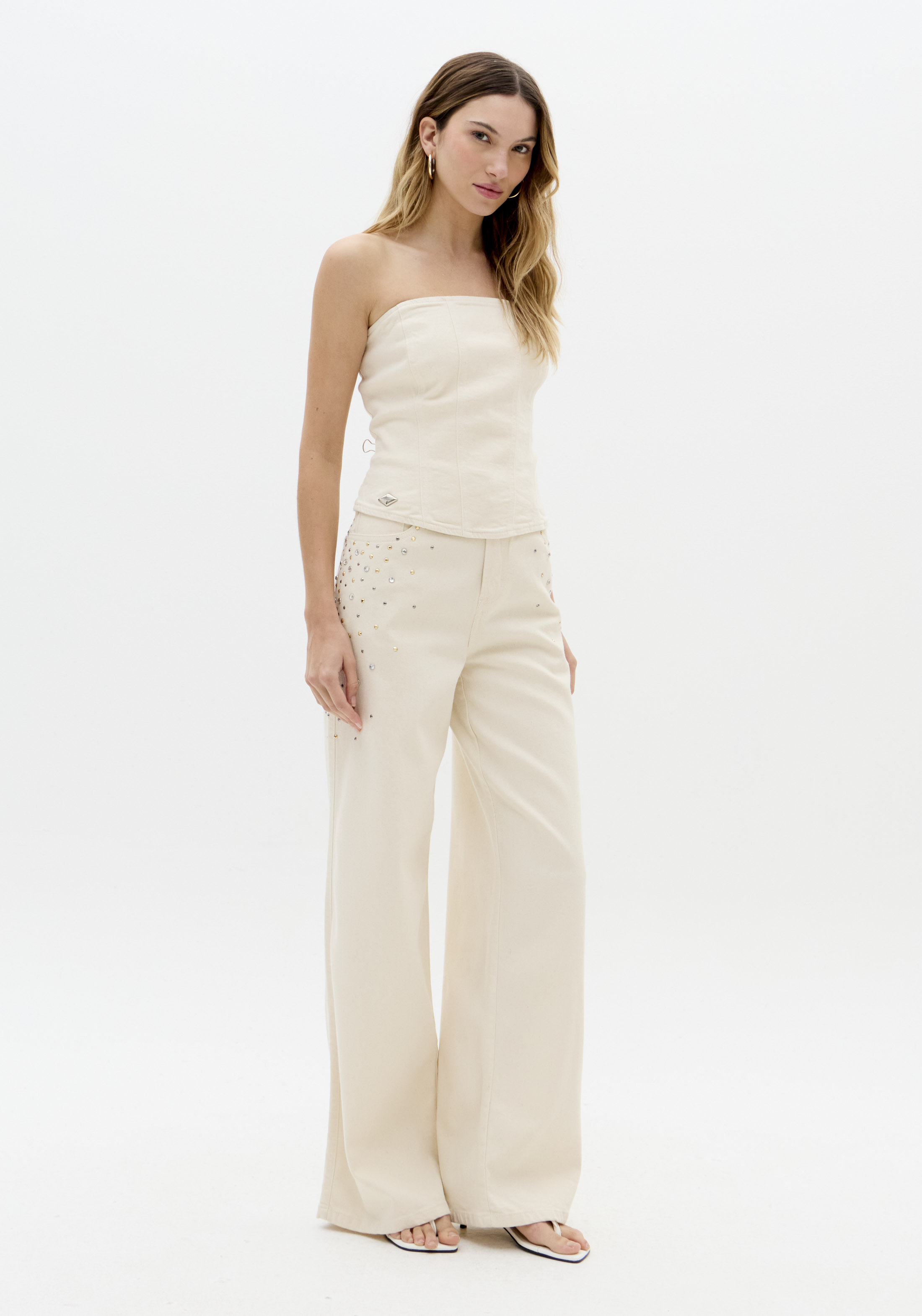 Calças Wide Leg com Strass Bege -  Lança Perfume  3